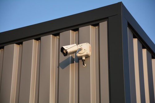 Outdoor wall-mounted electronic security camera for business surveillance